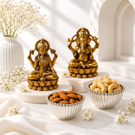 Brass Lakshmi & Ganesha Idols with Almonds & Cashews Gift Set