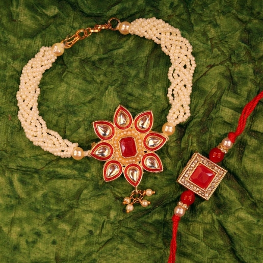 Pearly Red Bracelet Bhaiya Bhabhi Rakhi Set