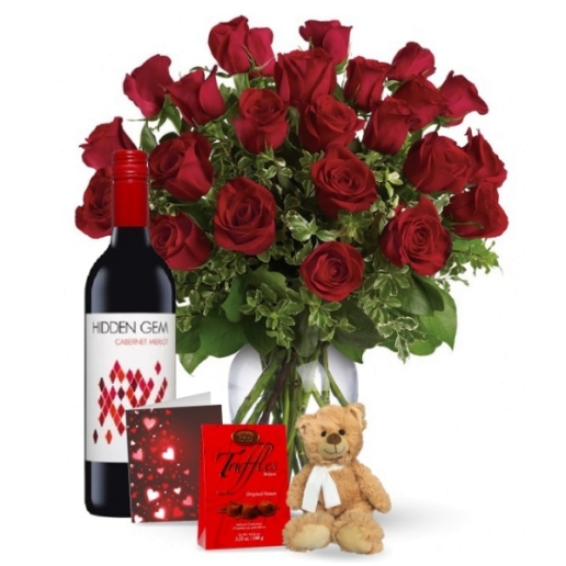 24 Red Roses and Red Wine Combo
