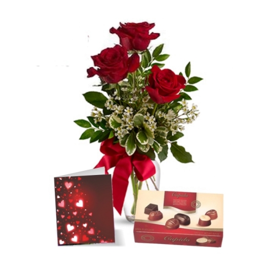 3 Red Roses, Card & Chocolates