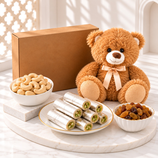 Teddy Bear, Kaju Roll Mithai, Cashew Nuts & Raisins Combo