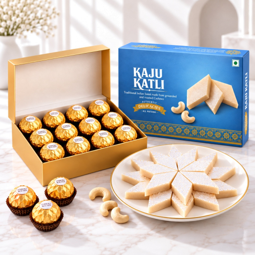 Kaju Katli Box & Ferrero Rocher Golden Chocolate Gift Combo