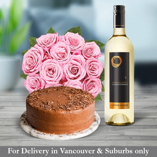 Chocolate Cake and pink Roses  with Chardonnay