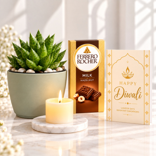 Succulent Plant, Ferrero Rocher Chocolate Bar & Card Gift Set