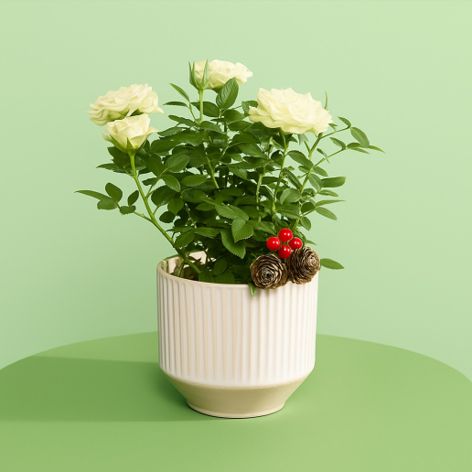 Christmas White Rose with Ceramic Pot