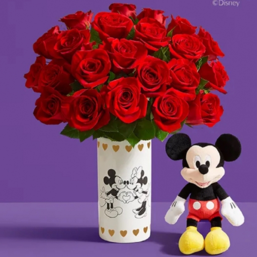 Mickey and Minnie Mouse in Love Vase with Red Roses