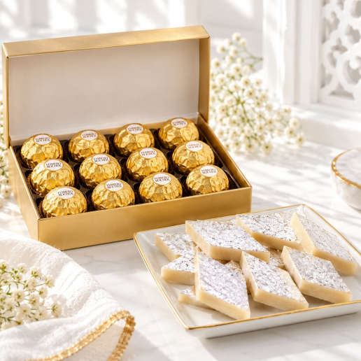 12-Piece Ferrero Rocher Gold Box & Silver Leaf Kaju Katli