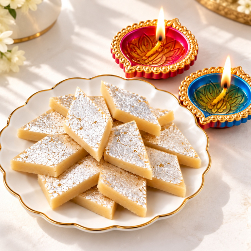 Kaju Katli Platter with Pair of Diyas