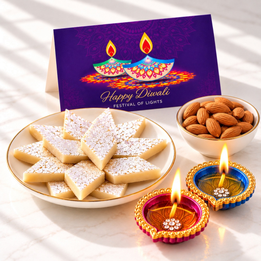 Kaju Katli, Almonds & Diyas Gift Combo