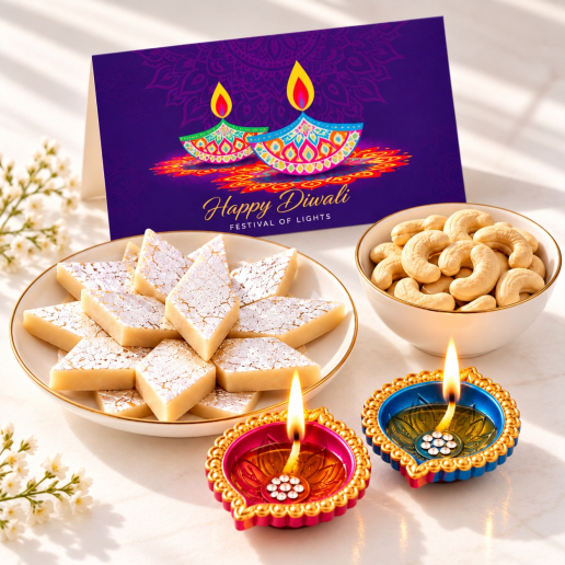Kaju Katli, Cashew Nuts & Diyas Gift Festive Combo